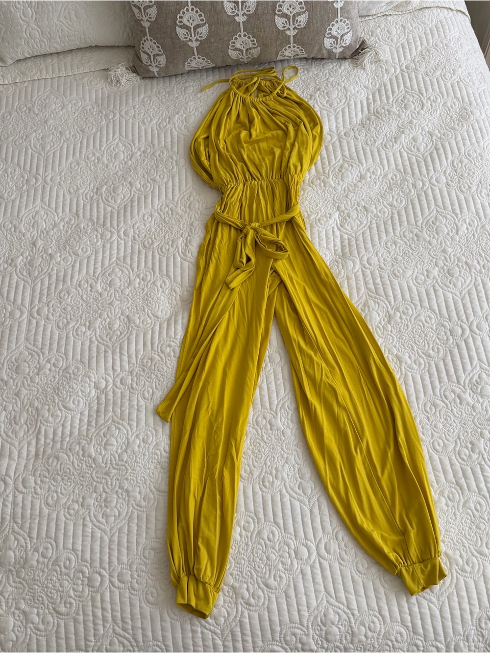 Cherie Los Angeles Yellow Chartreuse Halter Jumpsuit Jogger Cuffed Size Small